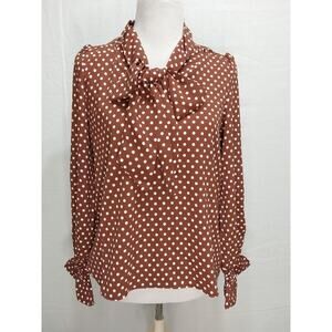 *NWT* Abbott Elementary XL Brown/White Dots Long Sleeve Blouse W/Tassele #L7